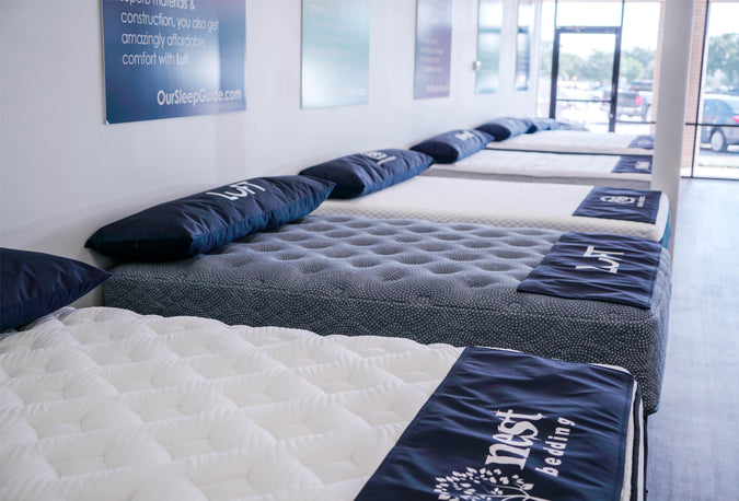 nest bedding sparrow mattress displayed inside the our sleep guide partner showroom