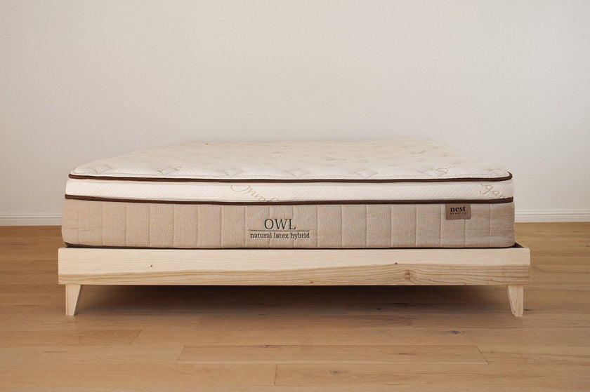 The Woodland Platform Sunlit Ash Front with an Owl Natural Latex Hybrid mattress